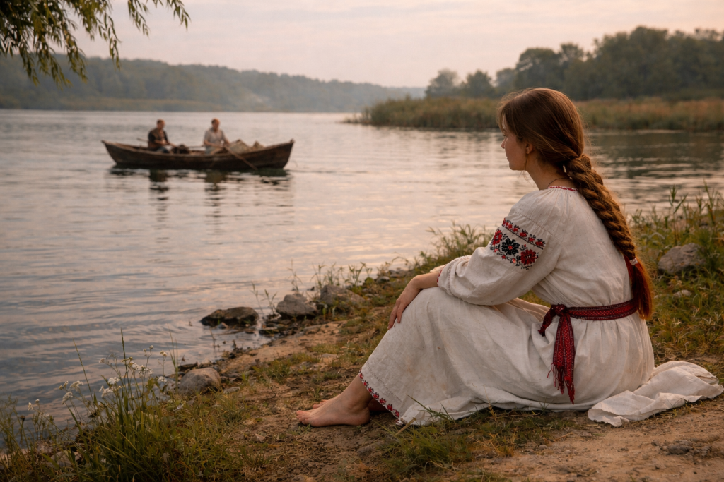 човен, дівчина сидить мрійливо на березі